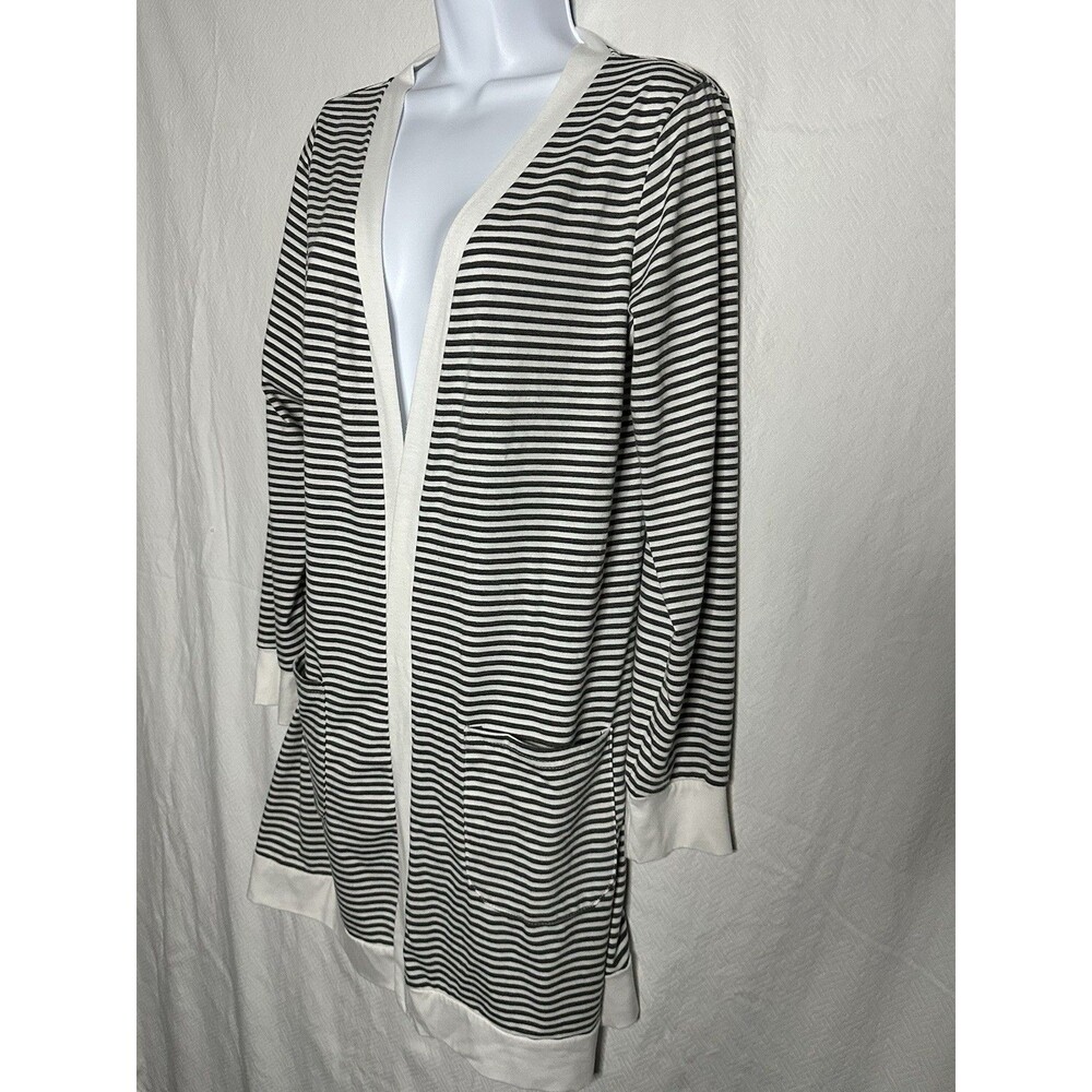 Tickled Teal Gray & White Striped Open Front Long Sleeve Cardigan W/ Pockets szL